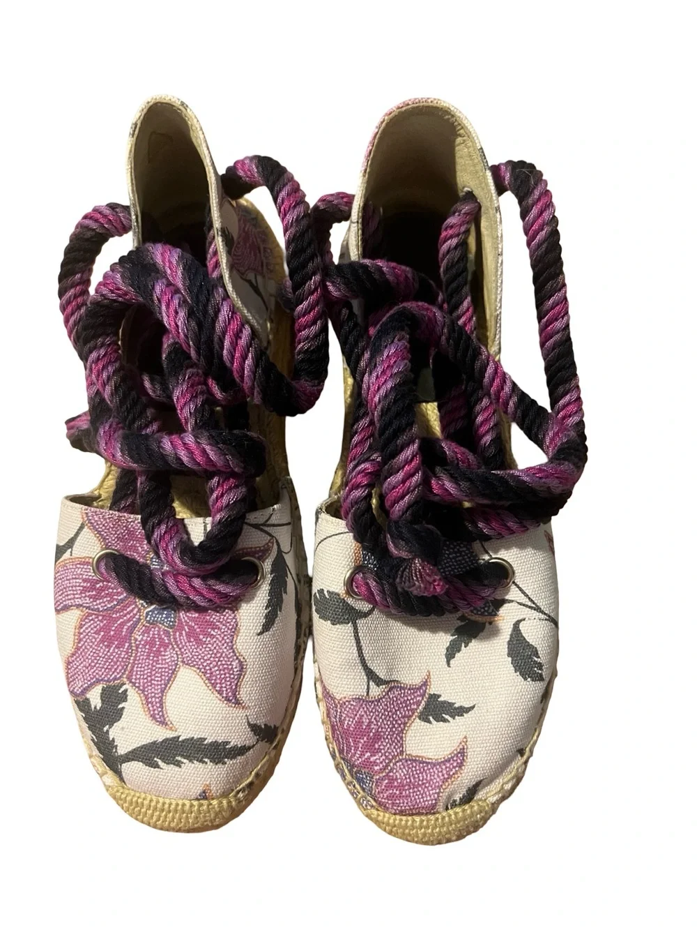 Isabel Marant Floral Canvas Espadrille Wedge Sandals - Pink/Black/Cream 38 7.5